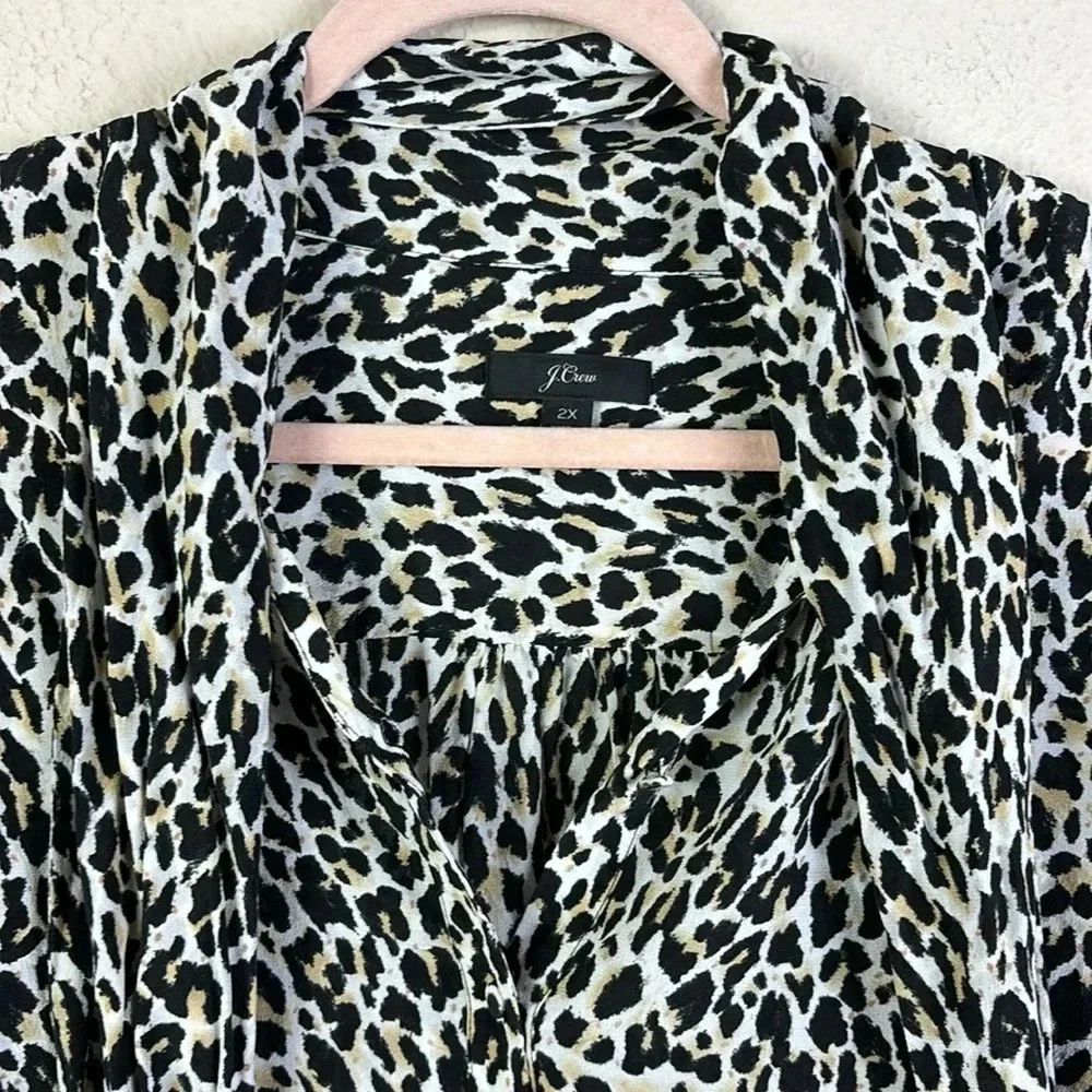 J. Crew 100% Silk Leopard Print Silk Button Down Shirt Tie Front Blouse size 2X
